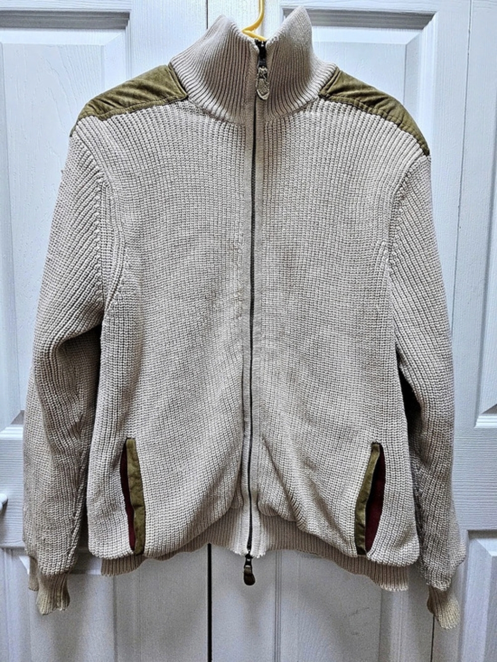 Orvis Vintage Men's Full Zip Knit Jacket Beige,  Red Lining Size Large